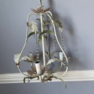 Vintage Tole Floral Chandelier Cream Pink Sage 3 Light Crystal Cottagecore